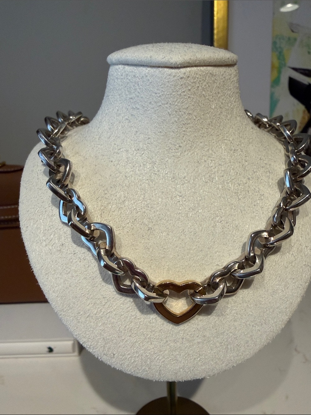 Tiffany & Co. Sterling Silver & 14k Gold Heart Link Necklace - Picture 2 of 5
